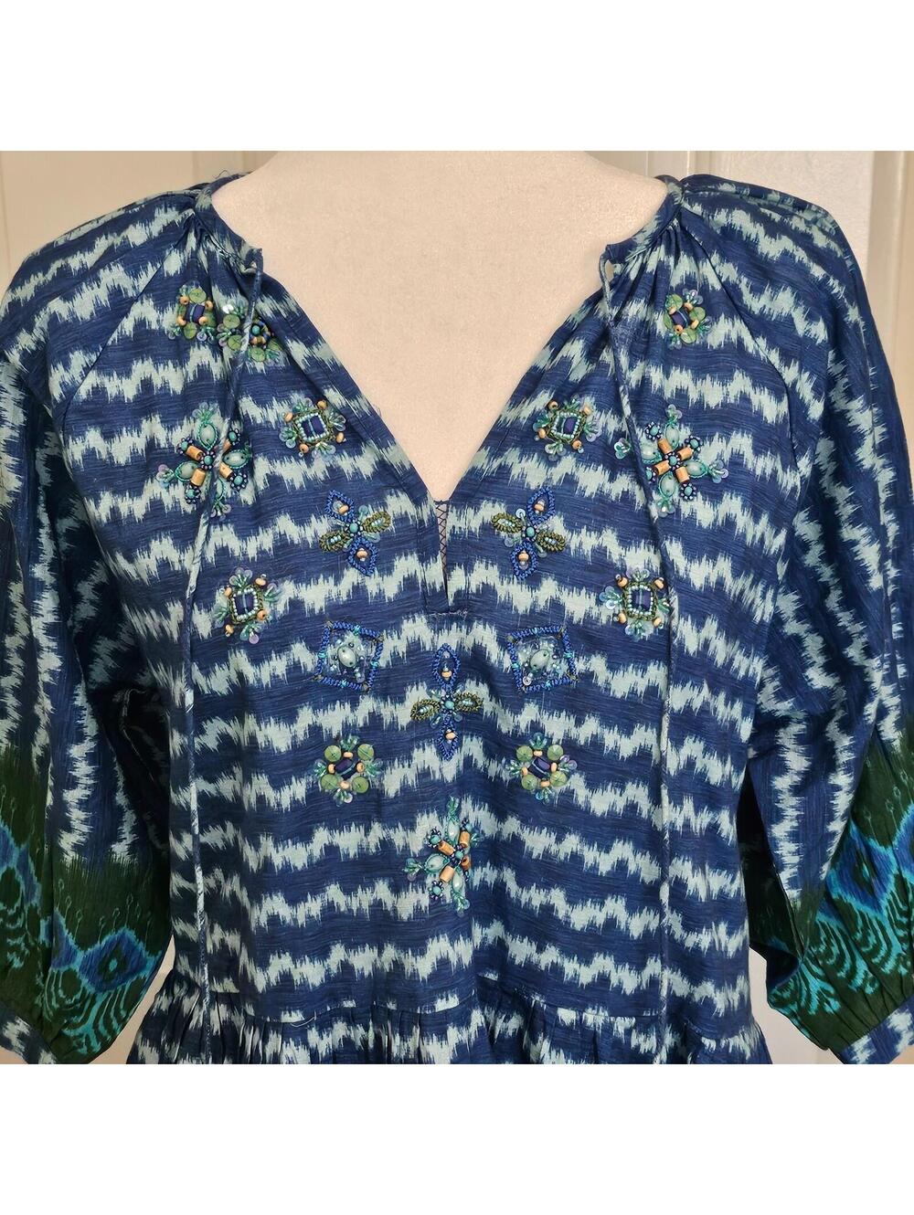 Bella Tu Womens Kaftan Dress Blue Ikat V-Neck 3/4 Sleeve Emblemished Size L NWT - Picture 2 of 9